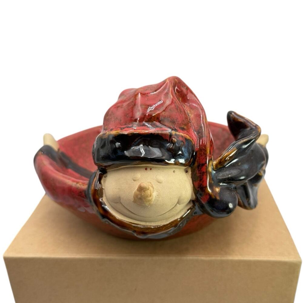 Glazed‎ Pottery Stoneware Snowman Scarf Candy Nut Dish Earthen Ware Winter Red